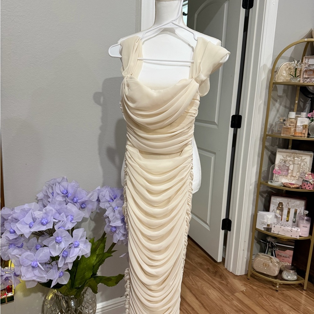 House of CB Cream Ruched Chiffon Evening Gown